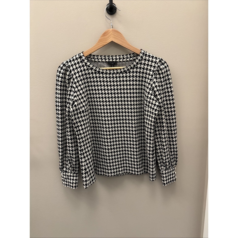 Talbots Women's Size Small Black White Houndstooth Puff Sleeve Geometric Top